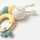 Handmade crochet caterpillar rattle with wooden teething ring